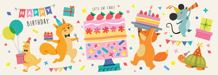 Happy birthday collection with cartoon character animals. Birthday party vector illustration for greeting card, invitation, event, poster, sticker, prints. © LittleWhale
