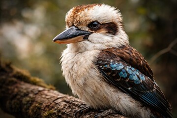 Fototapeta premium Brightly colored kookaburra close up featuring detailed feathers and expressive gaze on textured surface