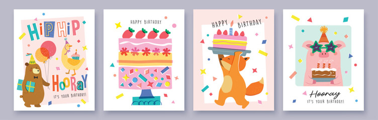 Set of Birthday greeting card with cute little pig, fox, bear, duck, cakes and colorful confetti. © LittleWhale