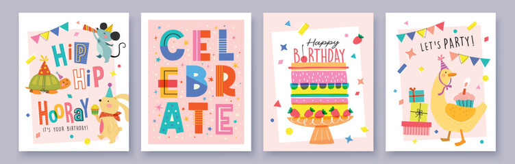 Set of Birthday greeting card with cute cartoon character animals, cake and colorful confetti. © LittleWhale