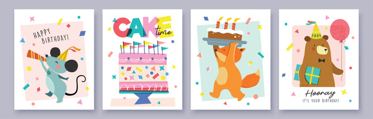 Set of Birthday greeting card with cute little mouse, fox, bear, cakes and colorful confetti. © LittleWhale