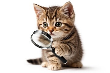 Obraz premium Inquisitive kitty with magnifier against clean white backdrop