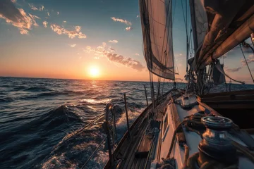 Sailing at sunset, golden sky, serene ocean waves, calm voyage © jojo
