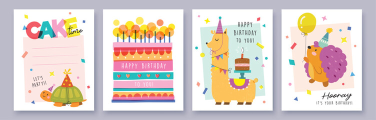 Set of Birthday greeting card with cute little turtle, llama, hedgehog, cakes and colorful confetti. © LittleWhale