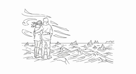 Obraz premium Couple embracing, gazing at an icy, mountainous seascape with a windy sky
