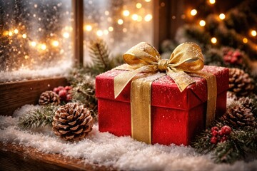 Fototapeta premium Festive red gift box resting on snowy surface by window with sparkling holiday lights and rustic pinecones for magical season mood
