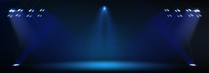 Stadium spotlight shining bright on transparent background. Vector realistic illustration of illumination system for concert stage, show, sports event, night football match, powerful light beams © klyaksun