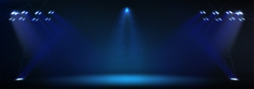 Stadium spotlight shining bright on transparent background. Vector realistic illustration of illumination system for concert stage, show, sports event, night football match, powerful light beams