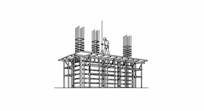 Construction worker with rebar and scaffolding on a building site