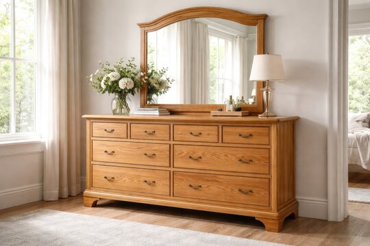 Elegant oak wood dresser with mirror and quadruple drawers made from solid American timber on white