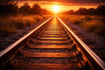Obraz premium Old railway tracks glowing at sunset with clear copy space
