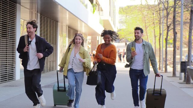 A lively group of friends strolls happily together, each pulling their colorful suitcases and enjoying their time as they embark on a new adventure filled with excitement and joy.