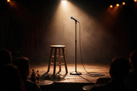 Artistic high contrast depiction of stand up comedy stage equipment with stool