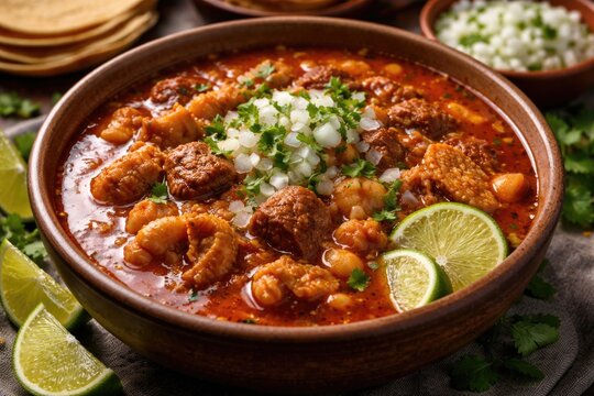 Hearty beef tripe menudo soup complemented by lime slices and diced onions