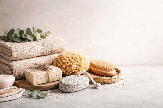 Body care items for bathroom grooming featuring sponge pumice soap brush scrub towel with text space included
