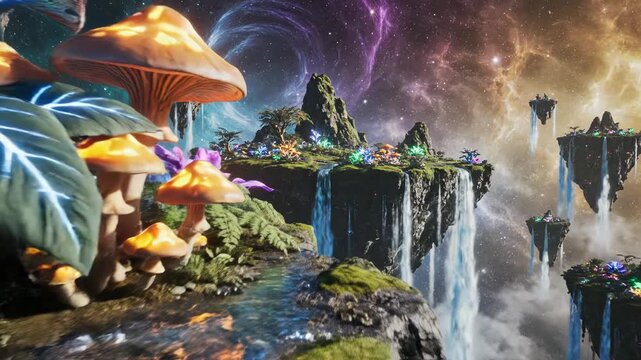 Floating islands with bioluminescent flora and waterfalls in space