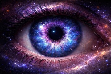 Fototapeta premium Closeup image of a human iris showing electric blue color mixed with violet and magenta details framed by a swirling galaxy background