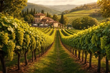 Naklejka premium Idyllic rural tourism highlighting rows of vineyards with fresh green grapes in a well known wine locale