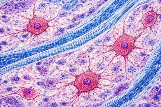 Histological stained ganglion sample highlighting multipolar neurons and nerve fiber bundles