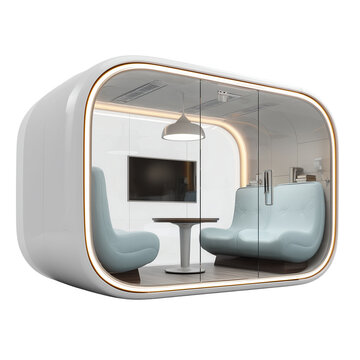 Modern minimalist office meeting pod with comfortable seating and technology for collaboration isolated on transparent background