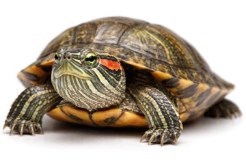 Obraz premium Close up of red eared turtle with smooth white backdrop