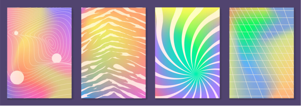Psychedelic swirl patterns with groovy wavy lines and vibrant colors. Vector realistic set of abstract retro backgrounds with funky spirals, futuristic wireframe design, trendy summer poster gradients