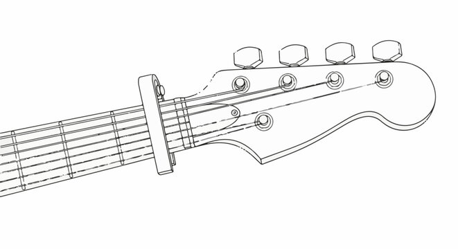 Close-up sketch of a bass guitar headstock and neck