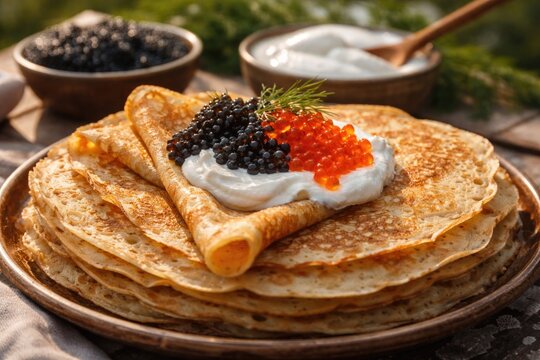 Close up of pancakes made from wheat flour with caviar and smetana cooked outdoors