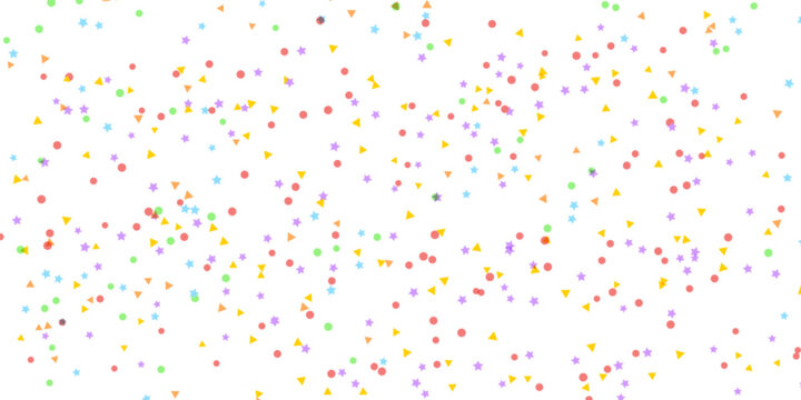 Colorful confetti flying on white background. Vector illustration of pattern with rainbow color shapes, sprinkles in air, holiday gift wrapping design, birthday party decoration, falling paper pieces