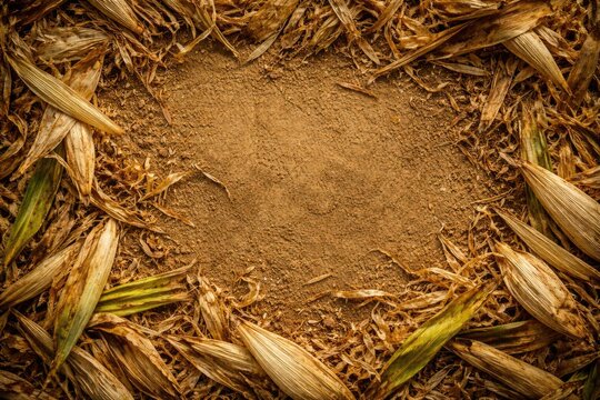 Organic corn stalk husk waste backdrop with textured surface and copy space