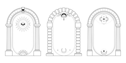 Naklejka premium Celestial arch frames set with mystic moon, sun and stars on white background. Vector illustration of elegant sketch boho borders with antique Greek pillars, esoteric and astrology cards design