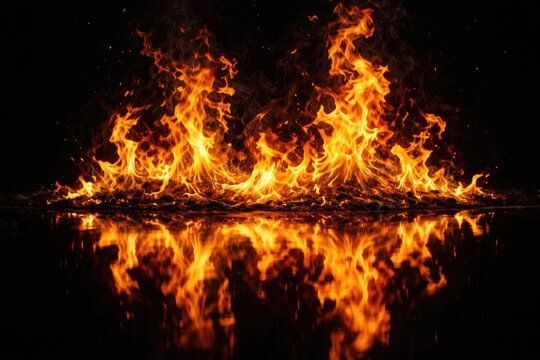 Dramatic burning flames mirrored on a dark reflective base with rich fiery details