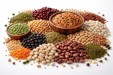 Fototapeta premium Different kinds of legumes artfully placed on a smooth white background
