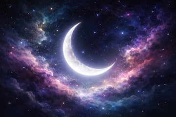 Fototapeta premium Gleaming white crescent moon floating over a mesmerizing cosmic background