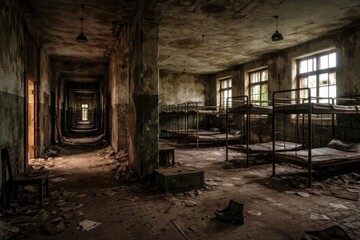 Fototapeta premium Old empty military barracks featuring hallway and large room in abandoned urban zone