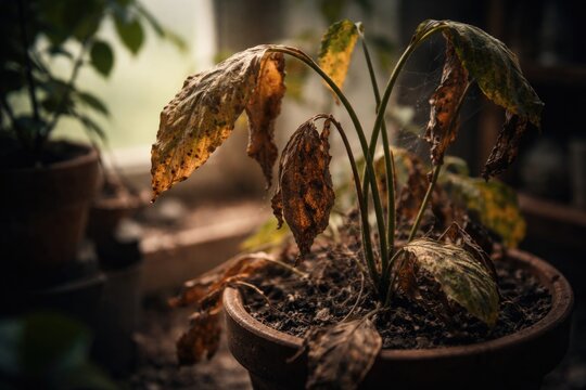 Detailed close up of an unhealthy indoor plant with blurred surroundings