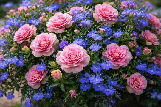 Decorative floral design showcasing double mania Calibrachoa and bright blue lobelia