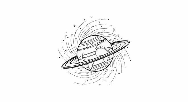 A stylized planet with rings, surrounded by swirling lines and stars