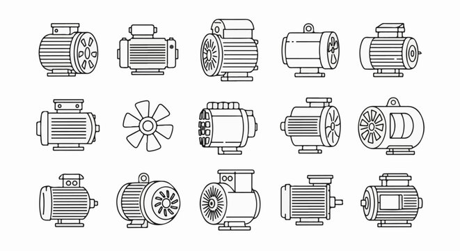 Diverse collection of electric motors and a fan blade, outlined in black on white
