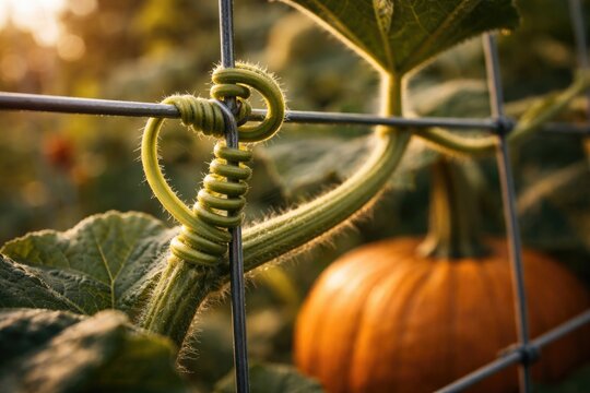 Close shot capturing a pumpkin stem spiraling up wire trellis