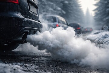 Fototapeta premium Cold season vehicle smoke releasing thick white pollutants harming nature