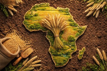 Fototapeta premium Africa map highlighting wheat grain symbolizing food security and sustainable farming with copy space
