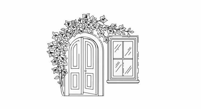 Archway door with adjacent window and trailing ivy plant