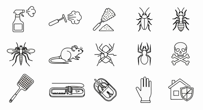 Insect control icons sprays, traps, bugs, and protective gear
