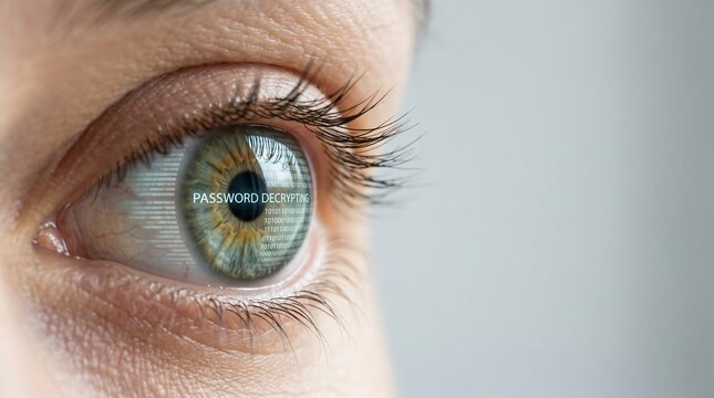 Close-up of a human eye reflecting digital data and the word 'password'