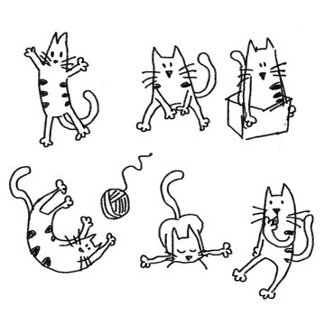 Cute hand-drawn cat doodle set in playful poses, simple black line sketch, perfect for kids design, stickers, and creative illustration.