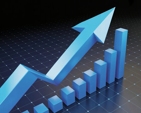 A 3D blue arrow and bar graph showing an upward trend on a dark background with a grid pattern