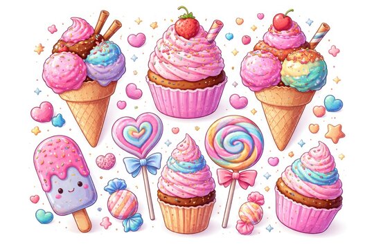 Cute vector design of hand drawn ice cream cupcakes lollipops and candy for playful kids themed fashion and decorations