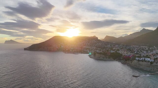sunset sea mountain sunlight coast sun coastline drone aerial travel bay cloudscape vacation skyline horizon - Calpe, Spain - 2025