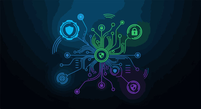 Abstract digital network with shields and locks, cyber security concept